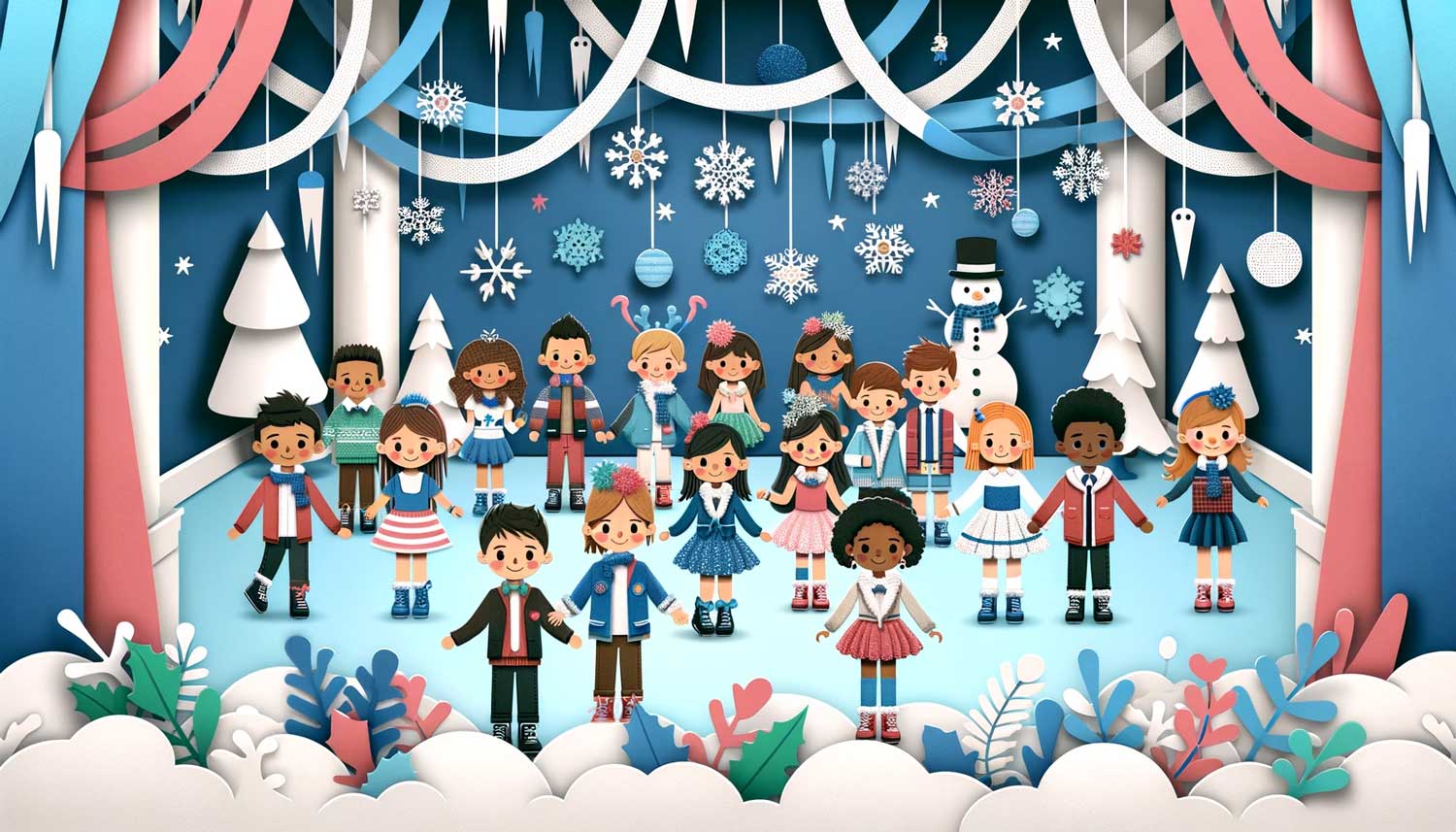 A colorful winter-themed paper craft scene featuring diverse paper cut-out children in winter attire. The children are surrounded by paper snowflakes, icicles, trees, a snowman, and ribbons against a blue background, creating a festive and playful atmosphere.