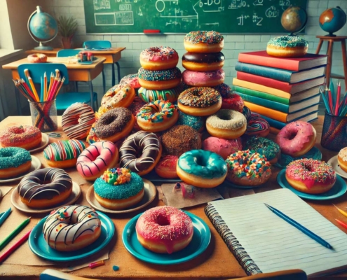 A classroom scene featuring a wooden desk covered with a colorful assortment of donuts on plates, stacked books, and scattered school supplies like pencils, a notebook, and paper clips. The background shows more desks, a chalkboard with mathematical equations, globes, and bookshelves. The image combines elements of education with indulgence, creating a whimsical contrast between the donuts and the academic setting.