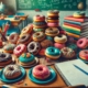 A classroom scene featuring a wooden desk covered with a colorful assortment of donuts on plates, stacked books, and scattered school supplies like pencils, a notebook, and paper clips. The background shows more desks, a chalkboard with mathematical equations, globes, and bookshelves. The image combines elements of education with indulgence, creating a whimsical contrast between the donuts and the academic setting.