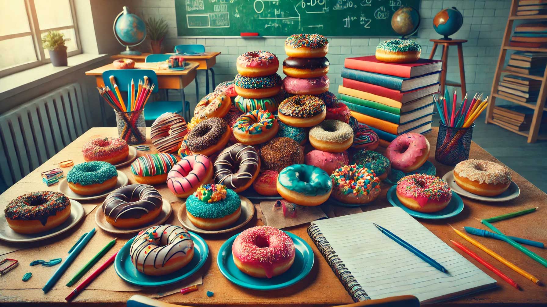 A classroom scene featuring a wooden desk covered with a colorful assortment of donuts on plates, stacked books, and scattered school supplies like pencils, a notebook, and paper clips. The background shows more desks, a chalkboard with mathematical equations, globes, and bookshelves. The image combines elements of education with indulgence, creating a whimsical contrast between the donuts and the academic setting.