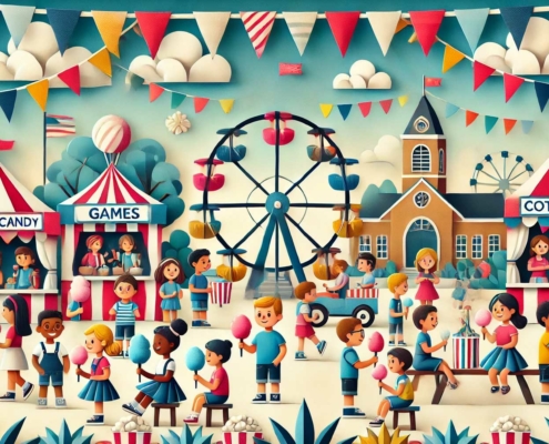 A lively, colorful scene of a carnival or fair depicted in a paper-cut art style. The image shows children and families enjoying various activities, including eating cotton candy, playing games, and riding a Ferris wheel. Red-and-white striped tents labeled "COTTON CANDY" and "GAMES" are surrounded by joyful people. Brightly colored bunting hangs overhead, and a clock tower building is visible in the background. The overall atmosphere is festive and cheerful.