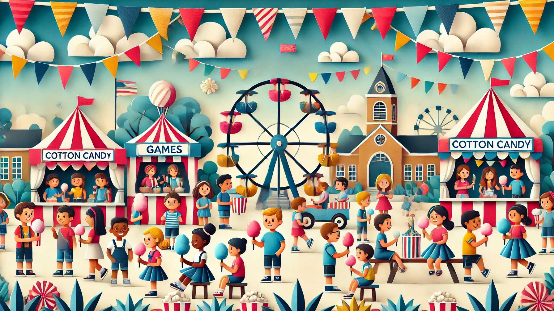 A lively, colorful scene of a carnival or fair depicted in a paper-cut art style. The image shows children and families enjoying various activities, including eating cotton candy, playing games, and riding a Ferris wheel. Red-and-white striped tents labeled "COTTON CANDY" and "GAMES" are surrounded by joyful people. Brightly colored bunting hangs overhead, and a clock tower building is visible in the background. The overall atmosphere is festive and cheerful.