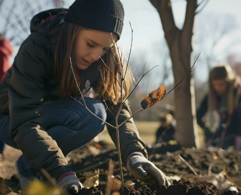 A young woman wearing a beanie and gloves crouches down to plant a small tree sapling in the soil. The sapling has a single dried leaf still attached. She is focused on her task, surrounded by other volunteers who are also planting trees in a park setting. The background shows bare trees and soft sunlight, suggesting an autumn or early winter day.