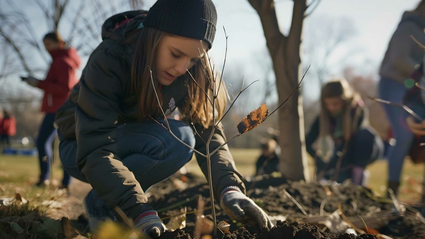 A young woman wearing a beanie and gloves crouches down to plant a small tree sapling in the soil. The sapling has a single dried leaf still attached. She is focused on her task, surrounded by other volunteers who are also planting trees in a park setting. The background shows bare trees and soft sunlight, suggesting an autumn or early winter day.