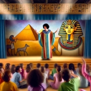 A teacher dressed in a colorful, striped robe performs on stage in front of young students. The backdrop depicts Egyptian-themed artwork, including large images of Pharaohs, hieroglyphics, pyramids, and a person leading a donkey. The children, seated on steps, watch attentively, some raising their hands. The scene appears to take place in a school auditorium or classroom decorated with ancient Egyptian motifs, suggesting an educational or cultural presentation.