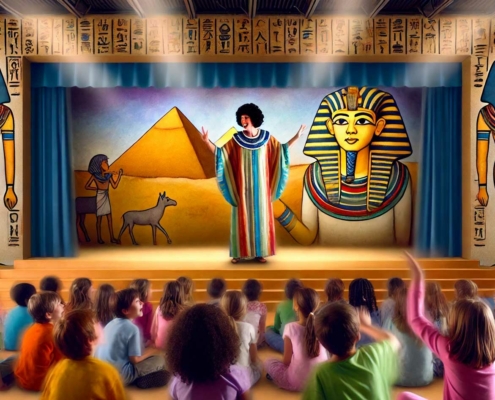 A teacher dressed in a colorful, striped robe performs on stage in front of young students. The backdrop depicts Egyptian-themed artwork, including large images of Pharaohs, hieroglyphics, pyramids, and a person leading a donkey. The children, seated on steps, watch attentively, some raising their hands. The scene appears to take place in a school auditorium or classroom decorated with ancient Egyptian motifs, suggesting an educational or cultural presentation.