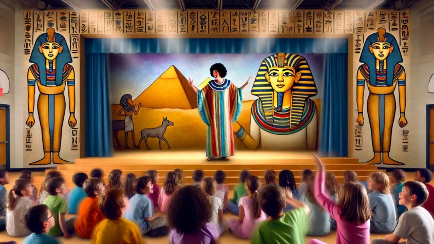 A teacher dressed in a colorful, striped robe performs on stage in front of young students. The backdrop depicts Egyptian-themed artwork, including large images of Pharaohs, hieroglyphics, pyramids, and a person leading a donkey. The children, seated on steps, watch attentively, some raising their hands. The scene appears to take place in a school auditorium or classroom decorated with ancient Egyptian motifs, suggesting an educational or cultural presentation.