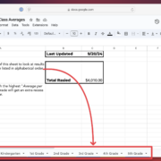 A spreadsheet titled "2024 - Foxy Fund Run - Class Averages" is displayed in a Google Sheets interface. The sheet provides instructions to use the tabs at the bottom to view results by grade. It also mentions that the class with the highest "Average per Student" donation will get an extra recess. The sheet was last updated on 9/20/24, and the total raised is $4,010.00. A red arrow highlights tabs for grades: Kindergarten to 5th Grade at the bottom.