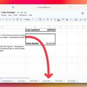 A screenshot of a Google Sheets document titled "2024 - Foxy Fund Run - Class Averages." It includes instructions in cell A3 about using tabs at the bottom to view results for each grade. A box in the upper right corner shows the last update as "9/27/24" and the total raised amount as "$6,605.00." A large red arrow points down toward the "3rd Grade" tab at the bottom of the sheet.