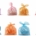 An arrangement of eight plastic garbage bags in various colors is shown. The top row includes purple, light pink, orange, and red bags. The bottom row features light blue, orange, light blue again, and lavender bags. Each bag is tied at the top, with slight variations in size and fullness. The bags are displayed against a white background.