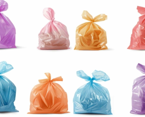 An arrangement of eight plastic garbage bags in various colors is shown. The top row includes purple, light pink, orange, and red bags. The bottom row features light blue, orange, light blue again, and lavender bags. Each bag is tied at the top, with slight variations in size and fullness. The bags are displayed against a white background.