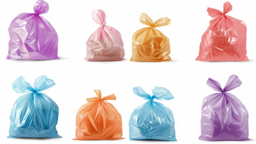 An arrangement of eight plastic garbage bags in various colors is shown. The top row includes purple, light pink, orange, and red bags. The bottom row features light blue, orange, light blue again, and lavender bags. Each bag is tied at the top, with slight variations in size and fullness. The bags are displayed against a white background.